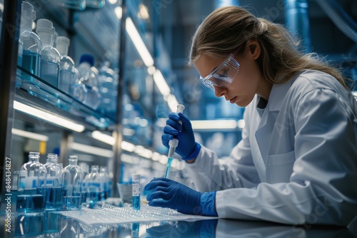 Female Scientist Working in a Modern Laboratory With Pipette and Blue Liquid