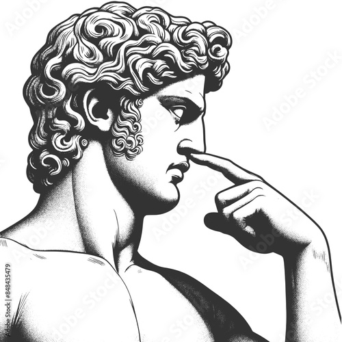 classical greek roman statue picking its nose, blending art and comedy sketch engraving generative ai fictional character vector illustration. Scratch board imitation. Black and white image.
