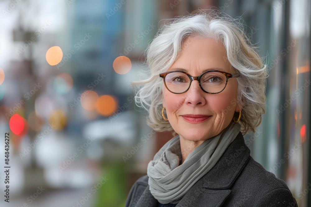 woman with glasses and a scarf on a city street with a blurry background of buildings woman with glasses and a scarf on a city street with a blurry background of buildings