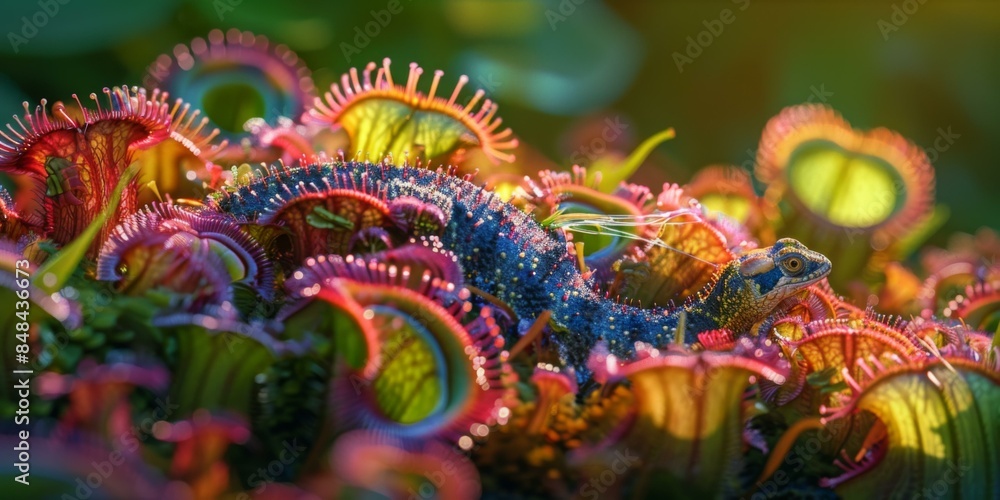 Fototapeta premium A bright green chameleon is hiding among colorful carnivorous plants. AI.