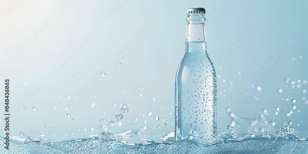 bottle of water with water splashing around it on a blue background bottle of water with water splashing around it on a blue background