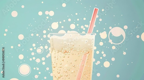 A refreshing glass of soda with bubbles and a straw on a blue background.