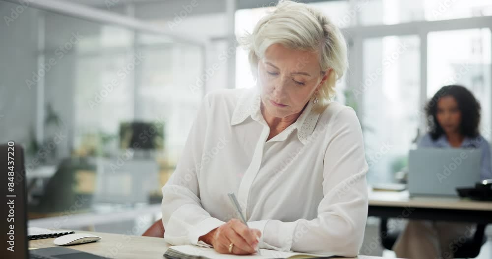 Mature woman, laptop and business communication in office for online networking and internet. Technology, female person or corporate manager in workplace for web connection, scheduling or plan Mature woman, laptop and business communication in office for online networking and internet. Technology, female person or corporate manager in workplace for web connection, scheduling or plan