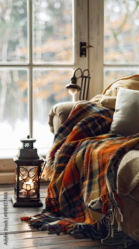 a cozy home interior with a sofa draped in a plaid blanket, adorned with pillows, set against a wall adorned with lanterns on a wooden floor.
