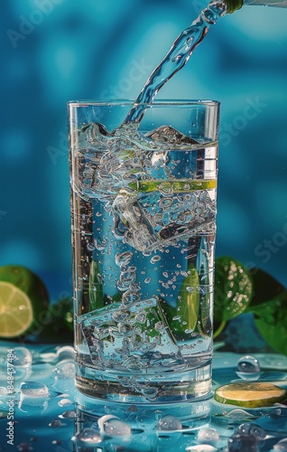 Refreshing Water Pouring Into Glass With Ice Cubes and Lime Slices