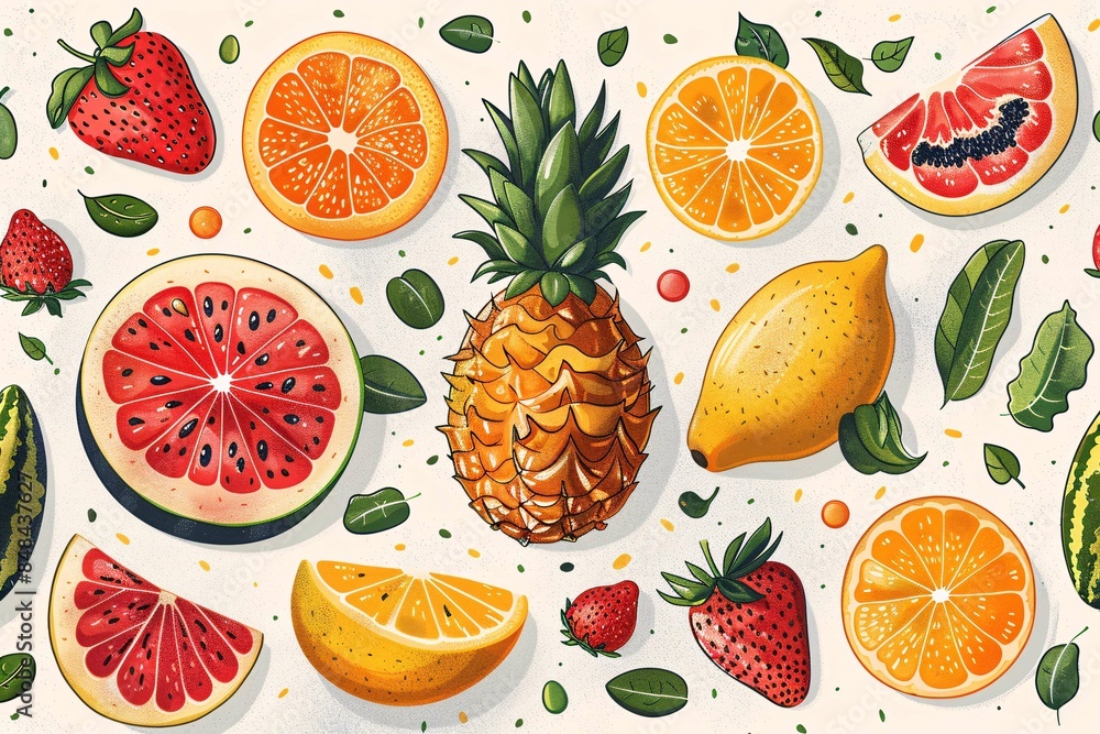 Light background with colorful and playful summer fruits pattern. Light background with colorful and playful summer fruits pattern.