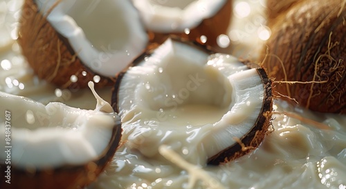 Fresh Coconut Halves in Milk Splash