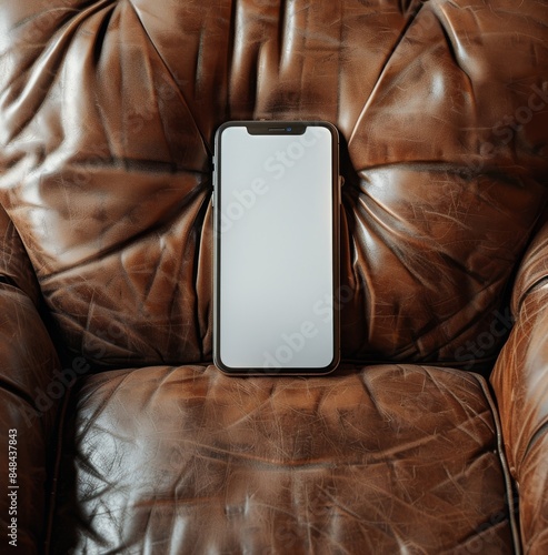 Modern Smartphone Laying on a Brown Leather Couch