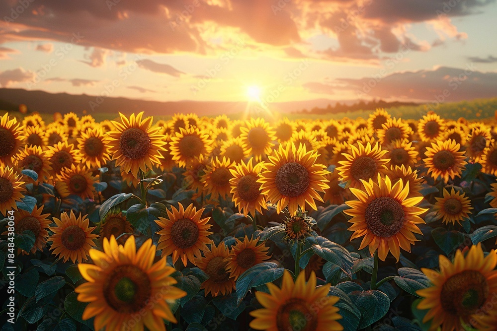 Fototapeta premium Golden-lit sunflower field at dawn, with soft morning gradient.