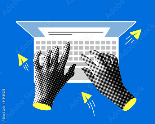 Hands on the keyboard. Modern collage with halftone hands and laptop. Person using a laptop from above. Top view. Remote work. Trendy newspaper elements. Business illustration