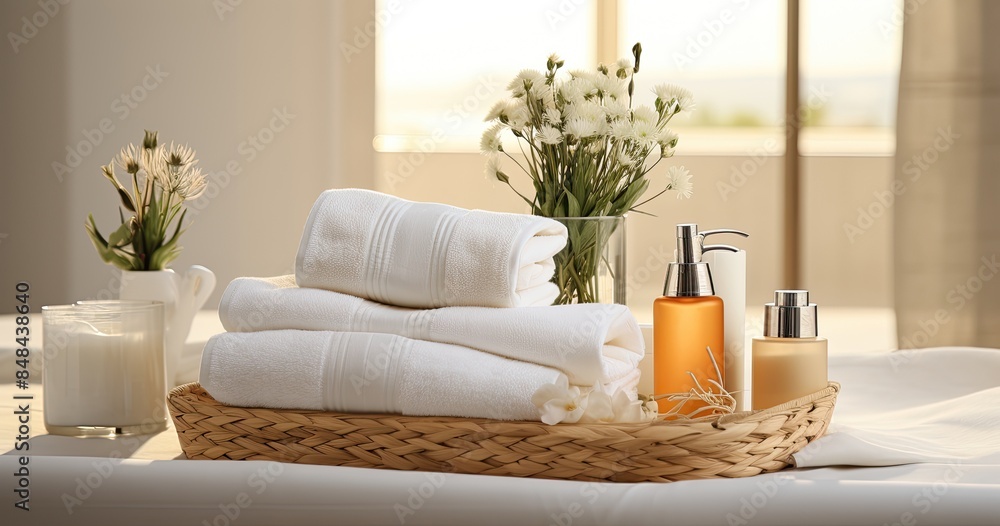 Bath towels with beauty treatment products setting in spa center in white bathroom, Bath towels with beauty treatment products setting in spa center in white bathroom,