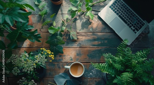 A Laptop, Coffee, and Greenery on a Wooden Table