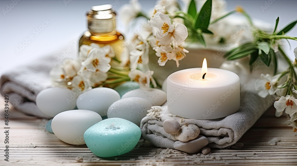 towels, flowers and burning candles, spa concept towels, flowers and burning candles, spa concept