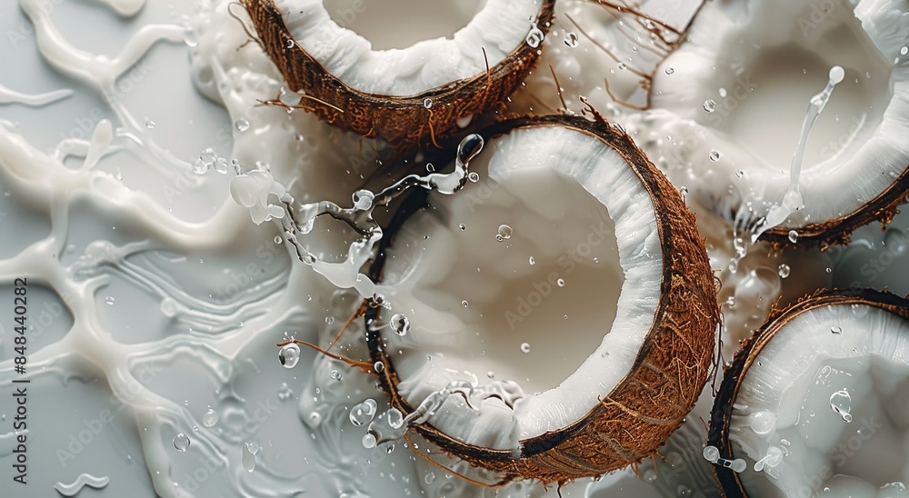 Fresh Coconut Halves in Milk Splash Fresh Coconut Halves in Milk Splash