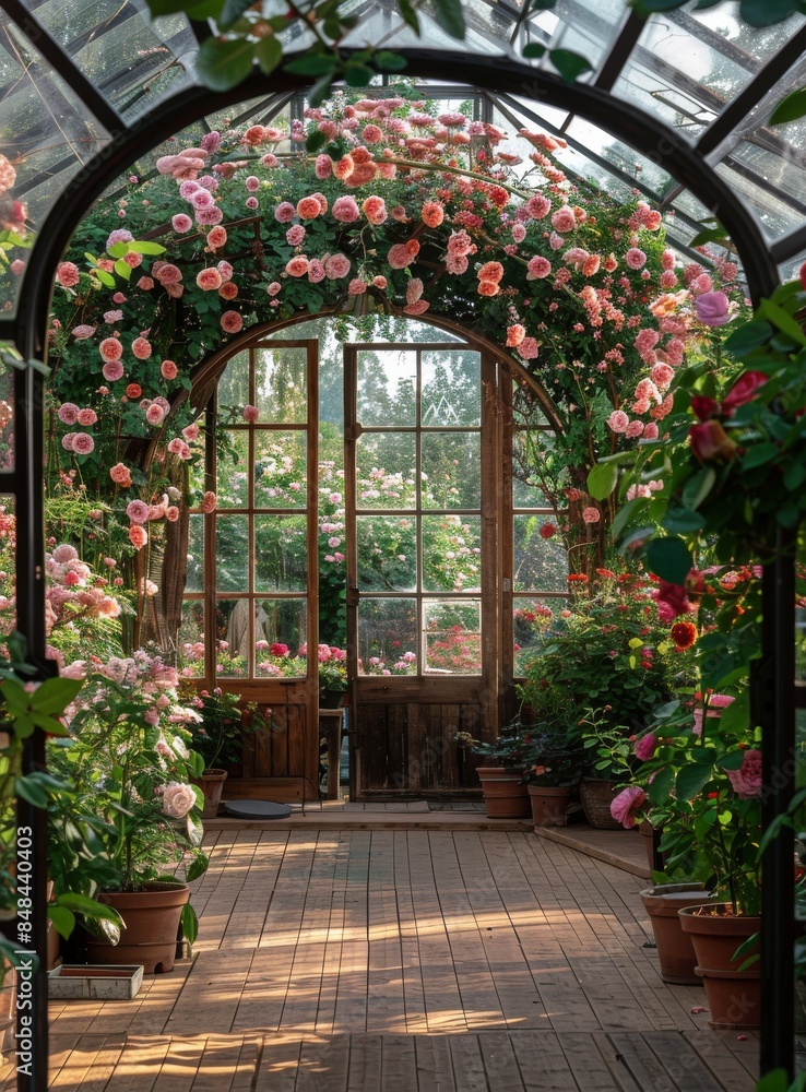 Large Arched Window With Rose Vines and Wooden Floor Large Arched Window With Rose Vines and Wooden Floor