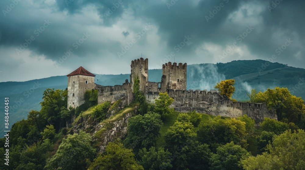 An ancient European castle on a hill, surrounded by lush green forests, cloudy sky above An ancient European castle on a hill, surrounded by lush green forests, cloudy sky above