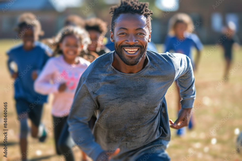 Smiling Man Running With Children During Outdoor Event Smiling Man Running With Children During Outdoor Event