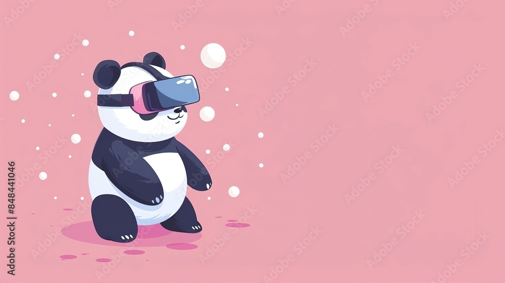 Cute panda wearing VR headset on pink background