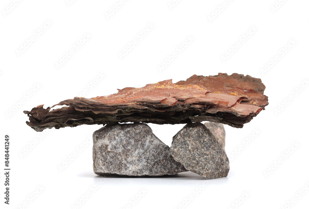 Stack of stones and wood platform podium on white background. Minimal empty display product presentation scene. Stack of stones and wood platform podium on white background. Minimal empty display product presentation scene.