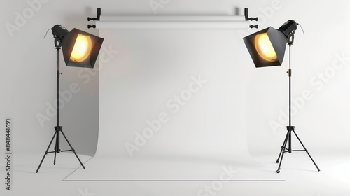 Professional photo lamps and cyclorama on tripod with warm yellow light. Photo studio lighting equipment and blank white background realistic modern. Generative AI