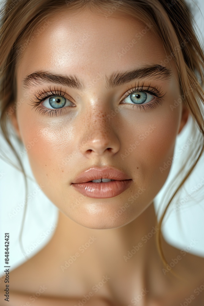 A woman with a light brown hair and blue eyes is wearing makeup. She has a light pink lip color and her eyes are open A woman with a light brown hair and blue eyes is wearing makeup. She has a light pink lip color and her eyes are open