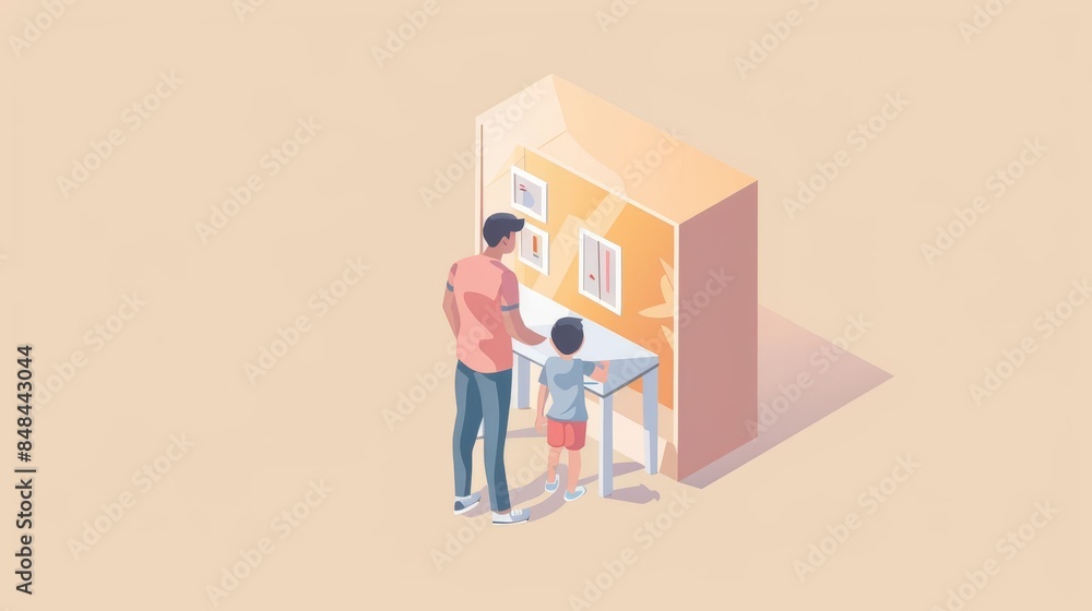 Isometric illustration of a father and daughter in a home library. Isometric illustration of a father and daughter in a home library.