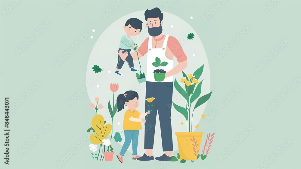 Fototapeta premium Father gardening with his two children, planting flowers and plants.
