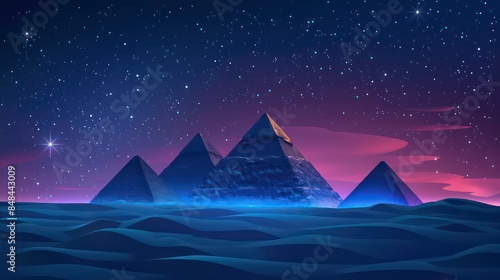 Pyramids in Egypt, pharaoh tomb complex on the Giza plateau illuminated by a brilliant mystic light under a starry sky. Cartoon icons. Generative AI