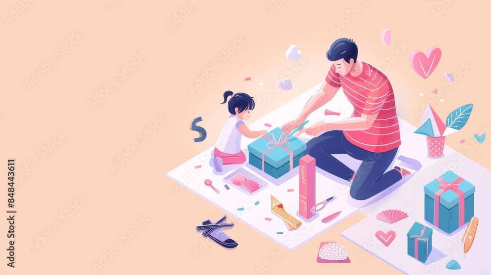 Father and daughter wrapping a gift together. Father and daughter wrapping a gift together.