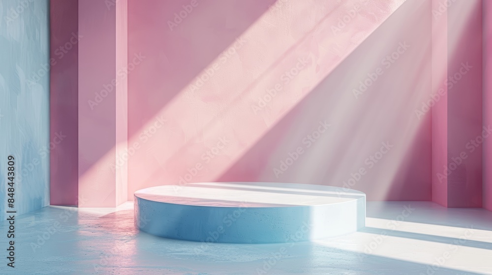 Empty pastel pink and blue room with gentle sunlight shadow, abstract minimalistic design for product display, soft light highlighting a podium Empty pastel pink and blue room with gentle sunlight shadow, abstract minimalistic design for product display, soft light highlighting a podium