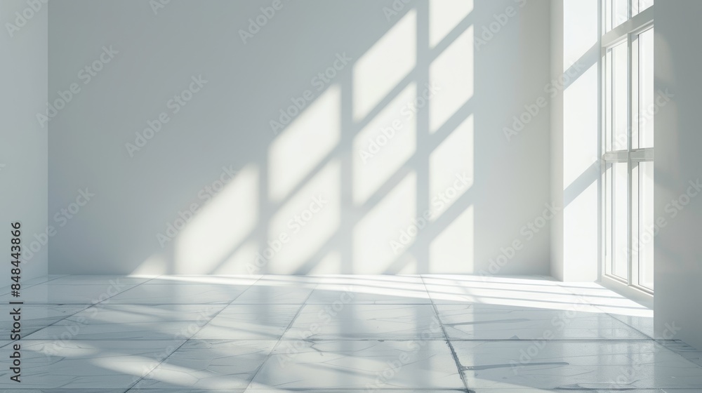 Obraz premium Empty white room with natural light, shadows casting geometric shapes, ideal for commercial use, minimalist style