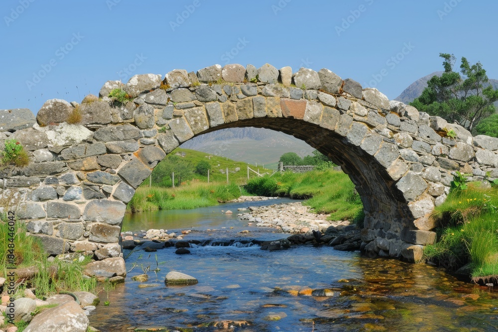 A photograph of the historic stone bridge in Scotland, with its arched shape and clear blue sky above, surrounded by green meadows and mountains A photograph of the historic stone bridge in Scotland, with its arched shape and clear blue sky above, surrounded by green meadows and mountains