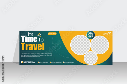Travel Facebook cover or social media web banner vector design template with  tourism, colors, cover, discount, graphic, header, image, layout, package, page, photo, place,
