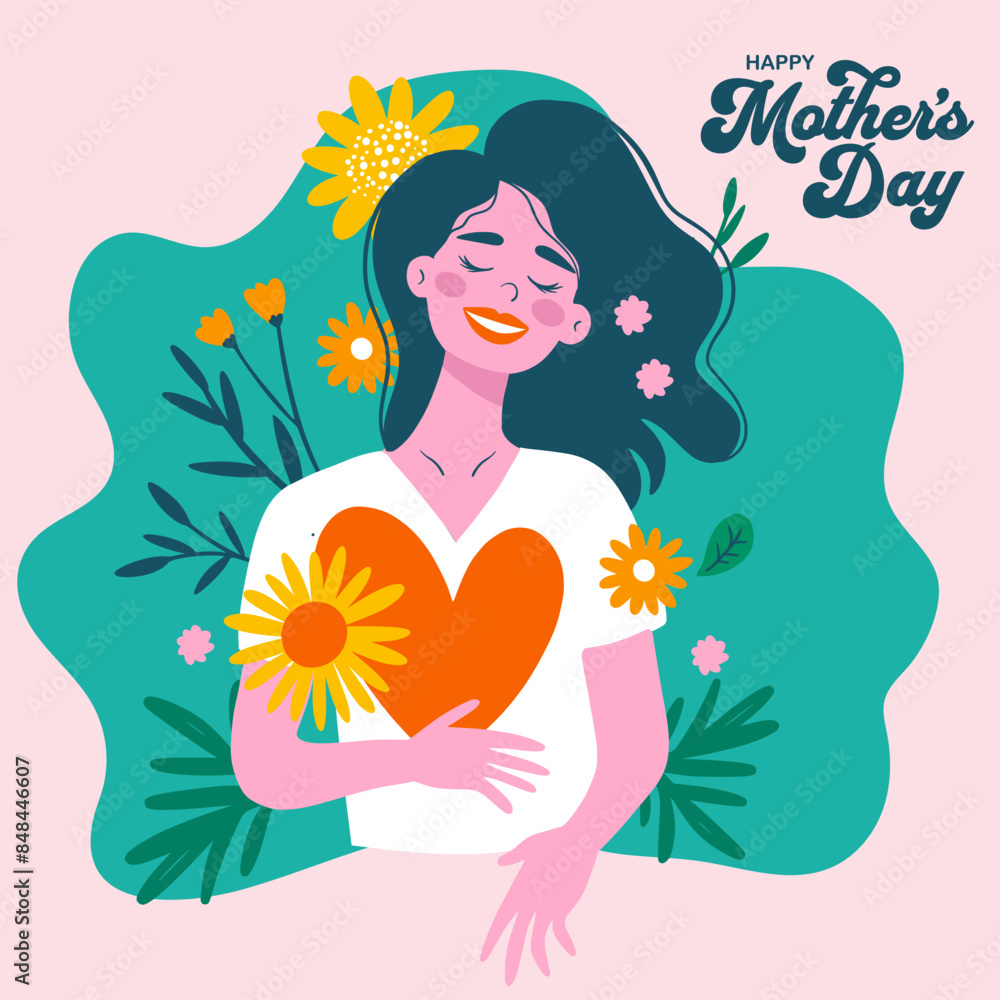 Happy Mothers Day vector greeting happy woman smile with flower bouquet in a cartoon flat style. Vector greeting birthday and holiday love card for mom mother Happy Mothers Day vector greeting happy woman smile with flower bouquet in a cartoon flat style. Vector greeting birthday and holiday love card for mom mother