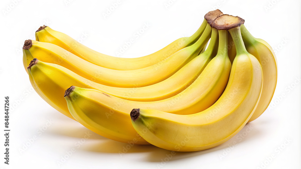 A close-up image of six ripe yellow bananas arranged in a curved shape, with their stems pointing upwards, against a white background A close-up image of six ripe yellow bananas arranged in a curved shape, with their stems pointing upwards, against a white background