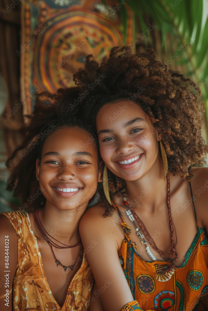 An African mother hugging her daughter, both with big smiles, in a stylishly decorated living room with pastel colors and artistic decor An African mother hugging her daughter, both with big smiles, in a stylishly decorated living room with pastel colors and artistic decor