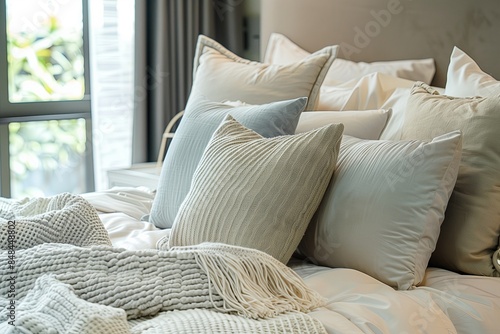 Bedroom interior design details. Comfortable bed with soft white pillows and bedding in bed