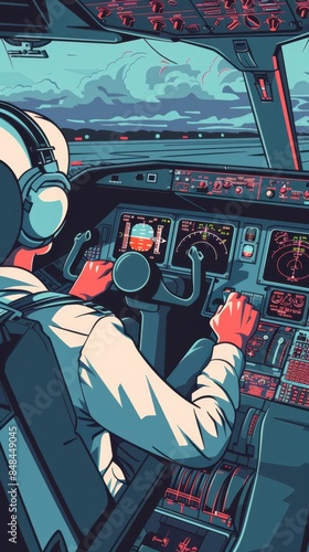 an illustration a pilot in the cockpit an airplane photo