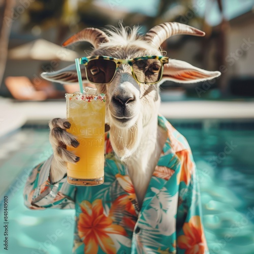 goat wearing sunglasses and shirt holding drink by pool photo