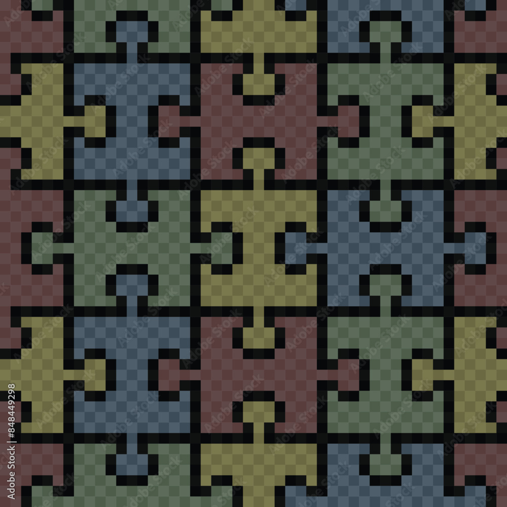 Seamless color pixel background with puzzle.
Seamless color pixel background with puzzle.