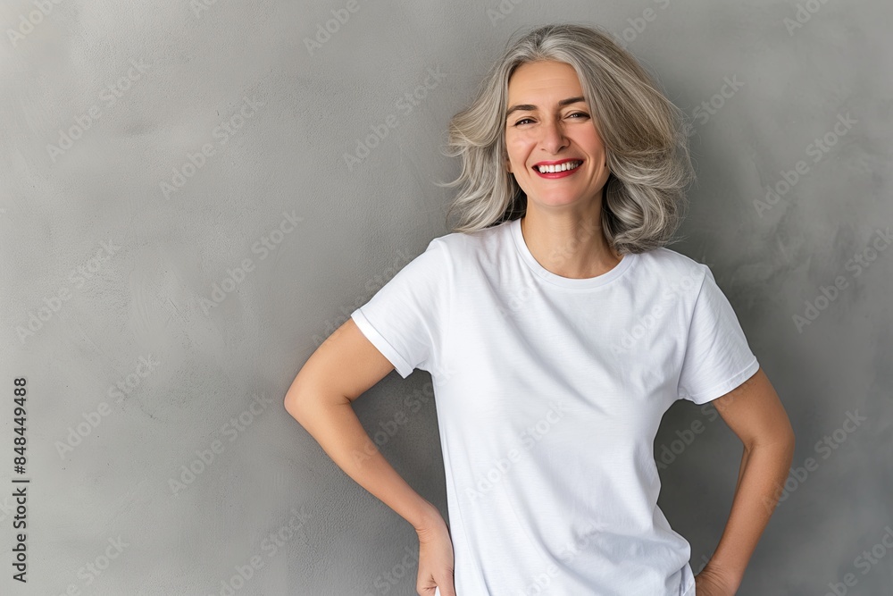 Smiling middle aged woman wearing white blank t-shirt with empty space for logo or text White blank tshirt mockup Smiling middle aged woman wearing white blank t-shirt with empty space for logo or text White blank tshirt mockup