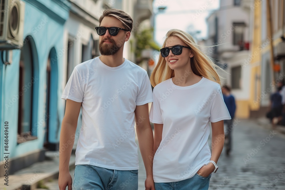Two young man and woman, couple in sunglasses wearing white t-shirt and sunglasses walking in street. Tshirt mockup for design Two young man and woman, couple in sunglasses wearing white t-shirt and sunglasses walking in street. Tshirt mockup for design