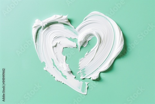 White beauty skincare cream swipe smear in heart shape isolated on pastel green background. Cosmetics makeup smudge swatches. Top view photo