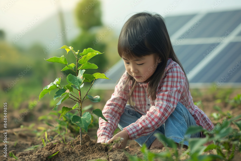 Asian girl planting a tree with solar panels in the background, representing eco-friendly energy and Arbor Day Asian girl planting a tree with solar panels in the background, representing eco-friendly energy and Arbor Day