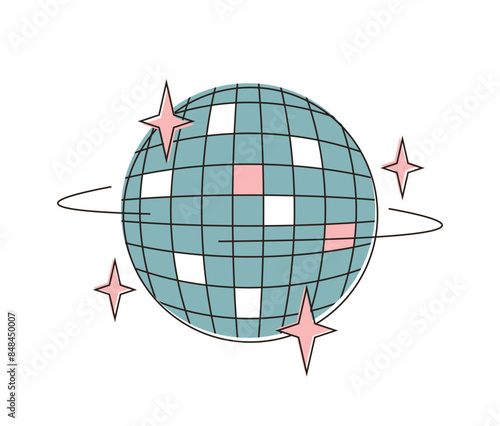 90s retro elements. Groovy disco ball. Nostalgia of 70s. Retro party 80s. Blue disco ball on white isolated background. Flat vector illustration in modern style.