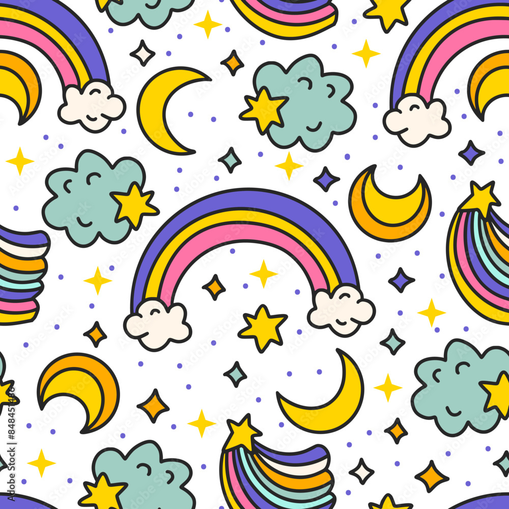 Fototapeta premium Cute Cartoon Rainbow Clouds and Moon Seamless Pattern. Starry Rainbow Sky. Kids Birthday And Baby Shower Vector Background