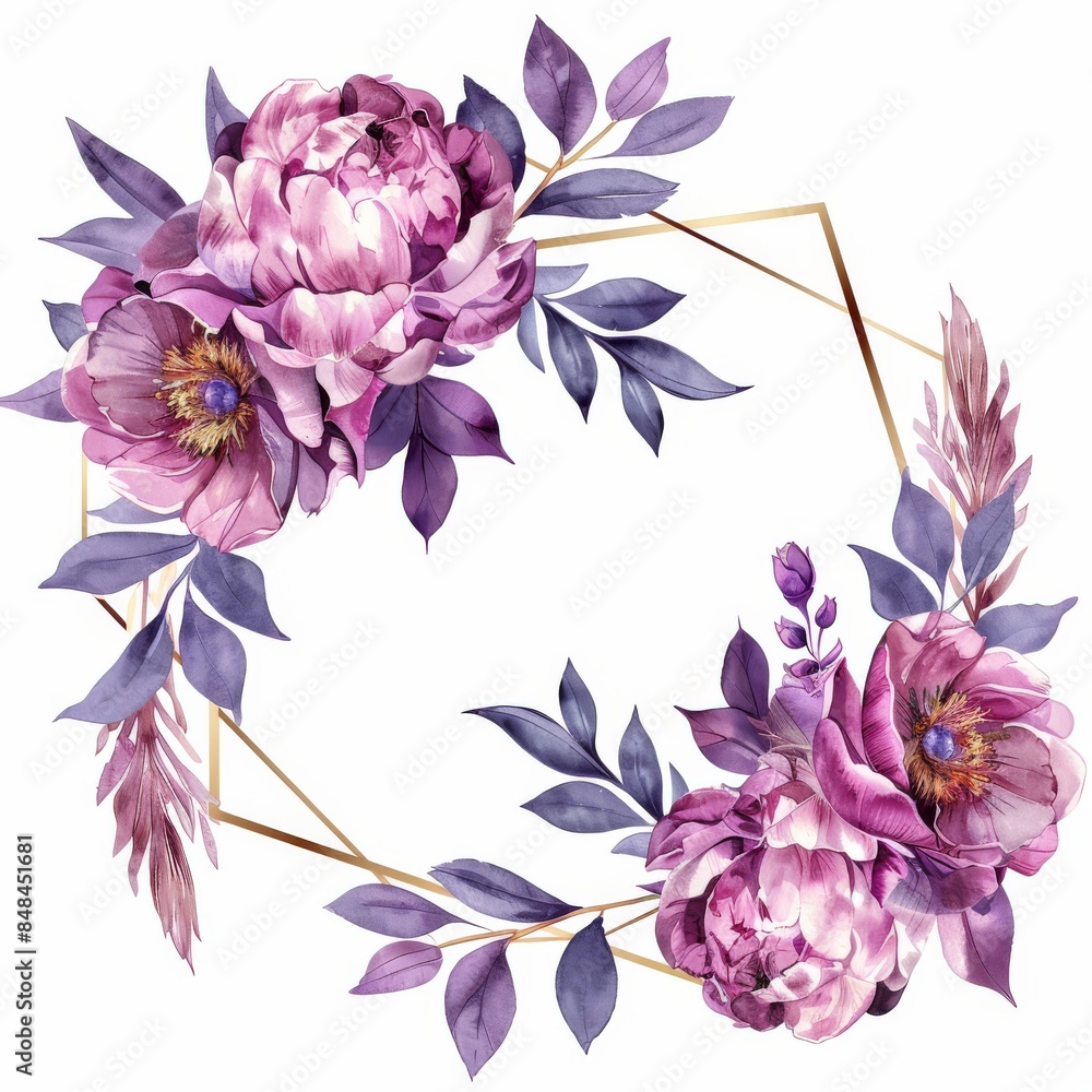 Obraz premium Watercolor gold geometric frame with pink peonies and purple leaves 