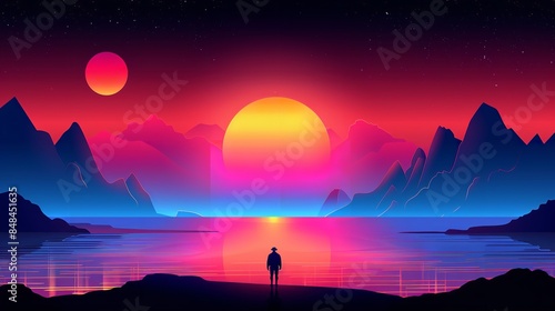 A solitary figure stands at the edge of a body of water, gazing out at a vibrant sunset over a mountain range. A distant planet glows in the night sky