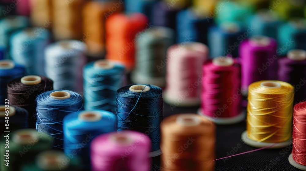 Multi colored Sewing Thread Converging on a Black Surface Multi colored Sewing Thread Converging on a Black Surface