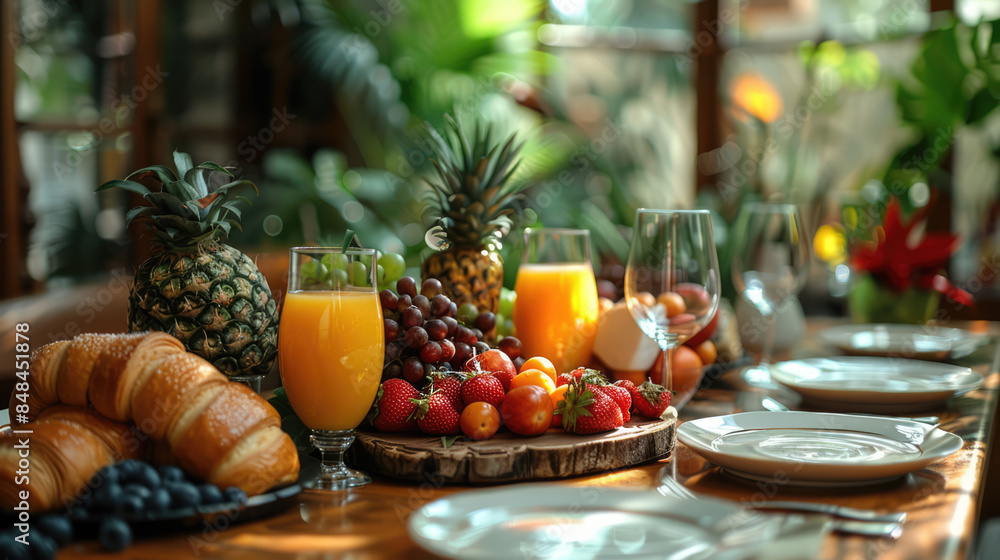 An inviting breakfast table set with pastries, fresh juice, coffee, and a variety of fruits, in a cozy setting An inviting breakfast table set with pastries, fresh juice, coffee, and a variety of fruits, in a cozy setting